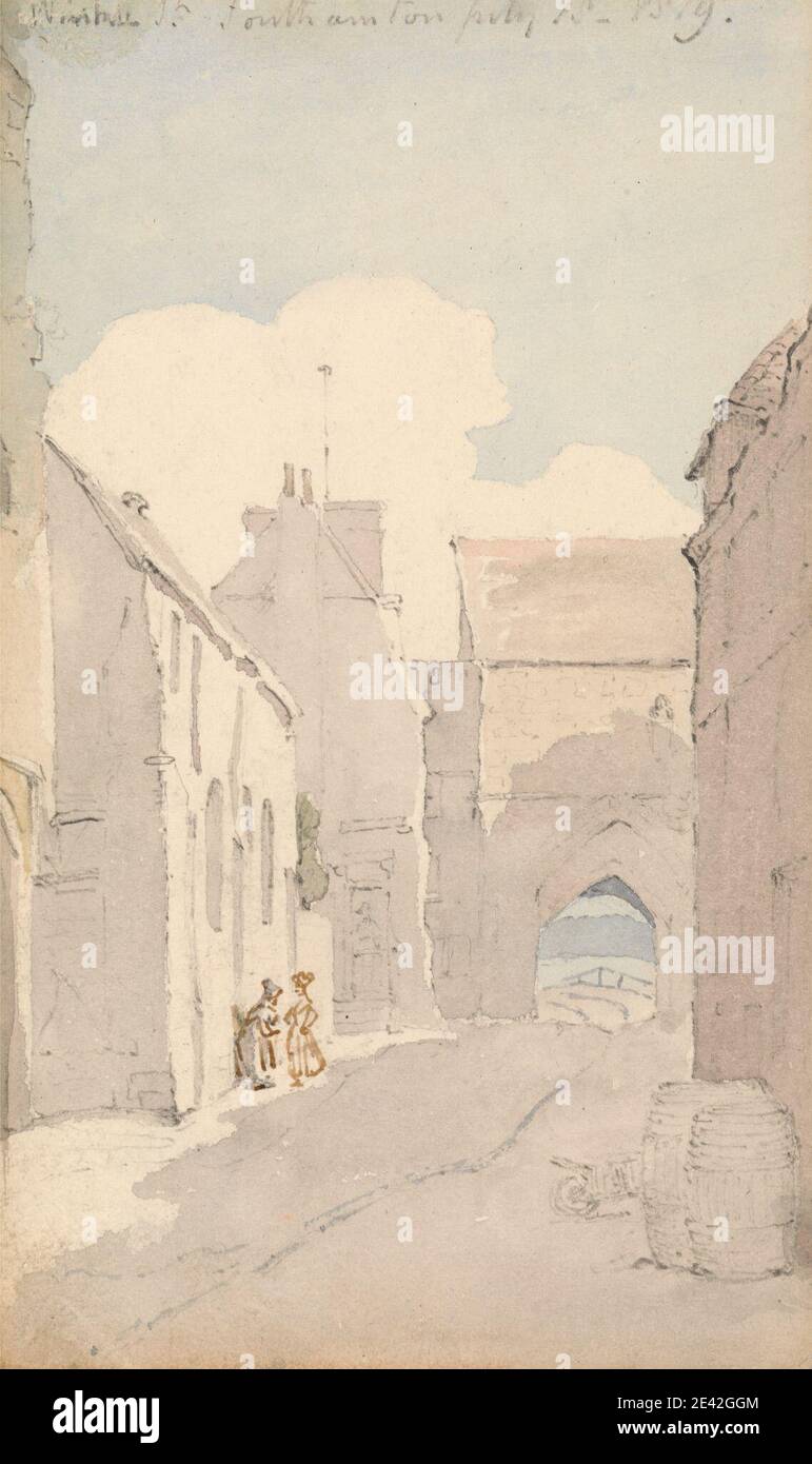 George Shepheard, ca. 1770â-1842, British, Winkle Street, Southampton, 1819. Acquerello, inchiostro nero, e grafite su carta wove media, liscia, crema. Arco , arco , barili , paesaggio urbano , strada , carriola , donne. Inghilterra , Hampshire , Southampton , Regno Unito Foto Stock