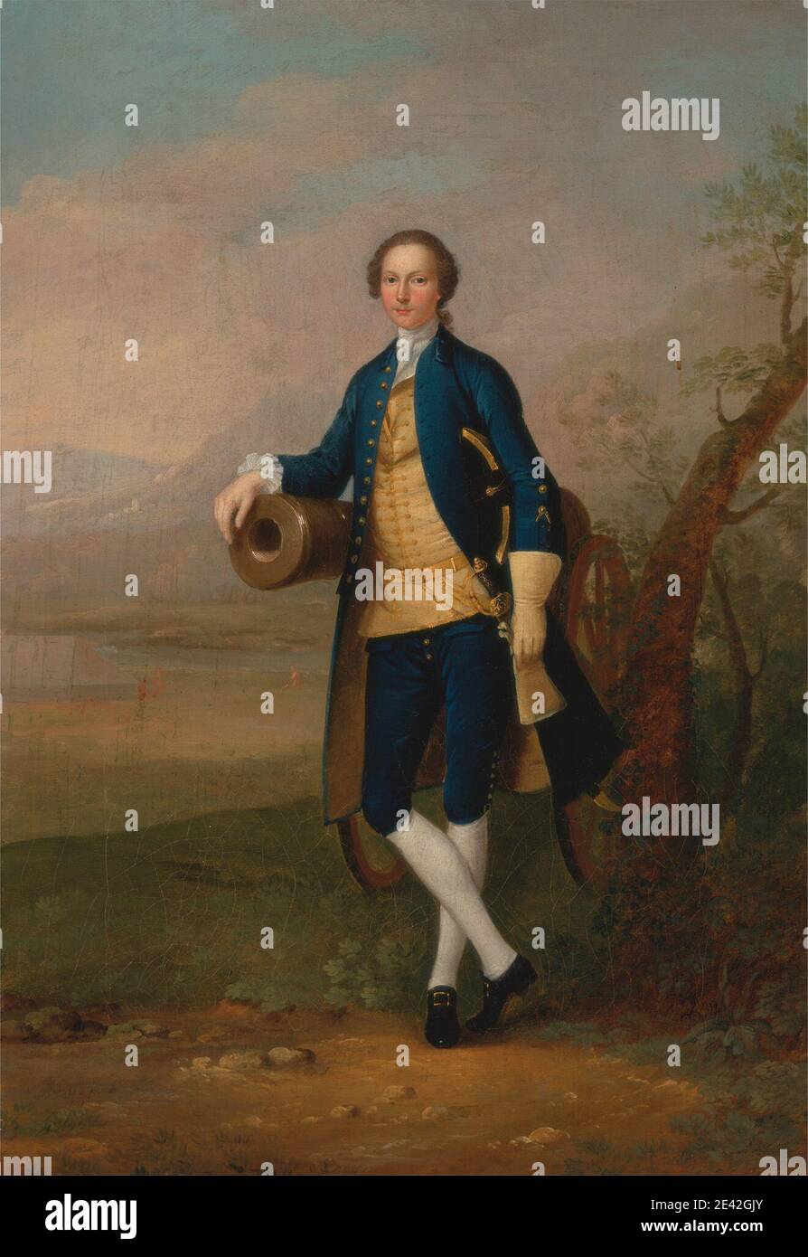 Arthur Devis, 1712â–1787, British, Gentleman with a Cannon, 1741. Olio su tela. Calzoni , fibbie , cannone , costume , cravat , engageantes , studio di figura , guanti , lago , paesaggio , uomo , redingote (soprabito) , ruffle , calze , spada , tricorne , uniforme , gilet , acqua Foto Stock