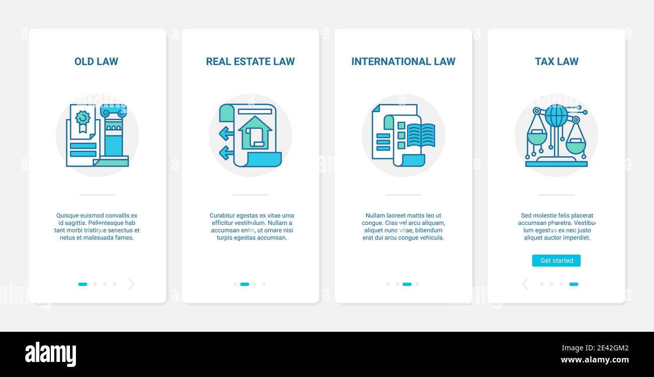 Illustrazione vettoriale di legge. UX, UI onboarding mobile app page screen set con riga vecchia legge, contratto immobiliare o diritto internazionale, ottimizzazione forma fiscale finanziaria simboli astratti Illustrazione Vettoriale