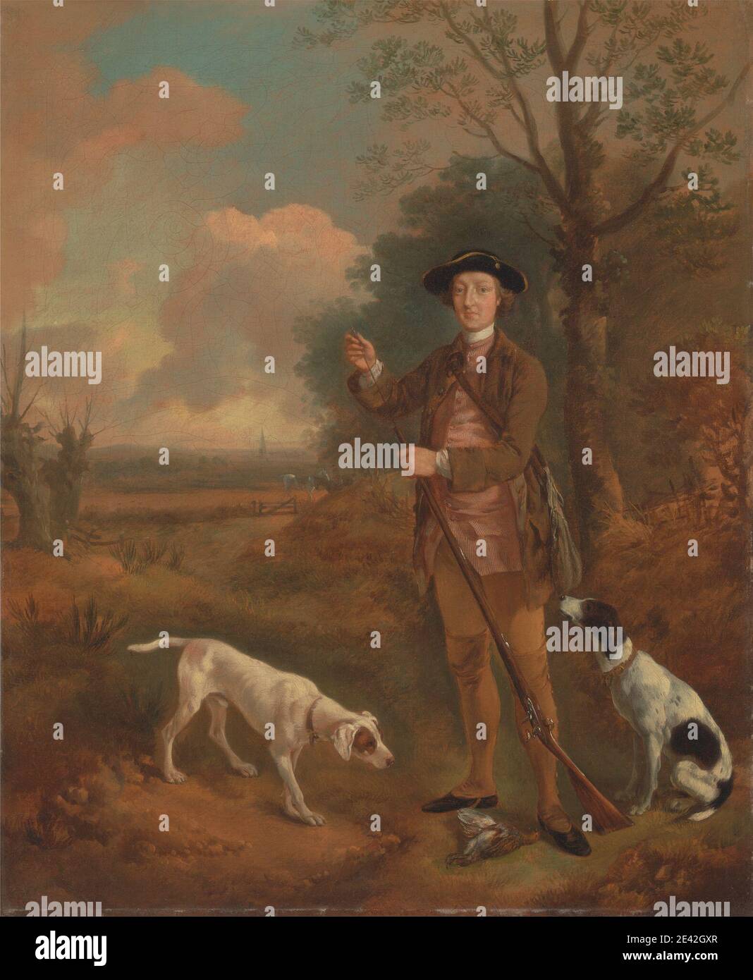 Thomas Gainsborough RA, 1727â–1788, British, Major John Dade, di Tannington, Suffolk, ca. 1755. Olio su tela. Animali , costume , paese , cani (animali) , cappello , cacciatore , fucili da caccia , ritratto , fucile , stampe sportive , tricorno Foto Stock