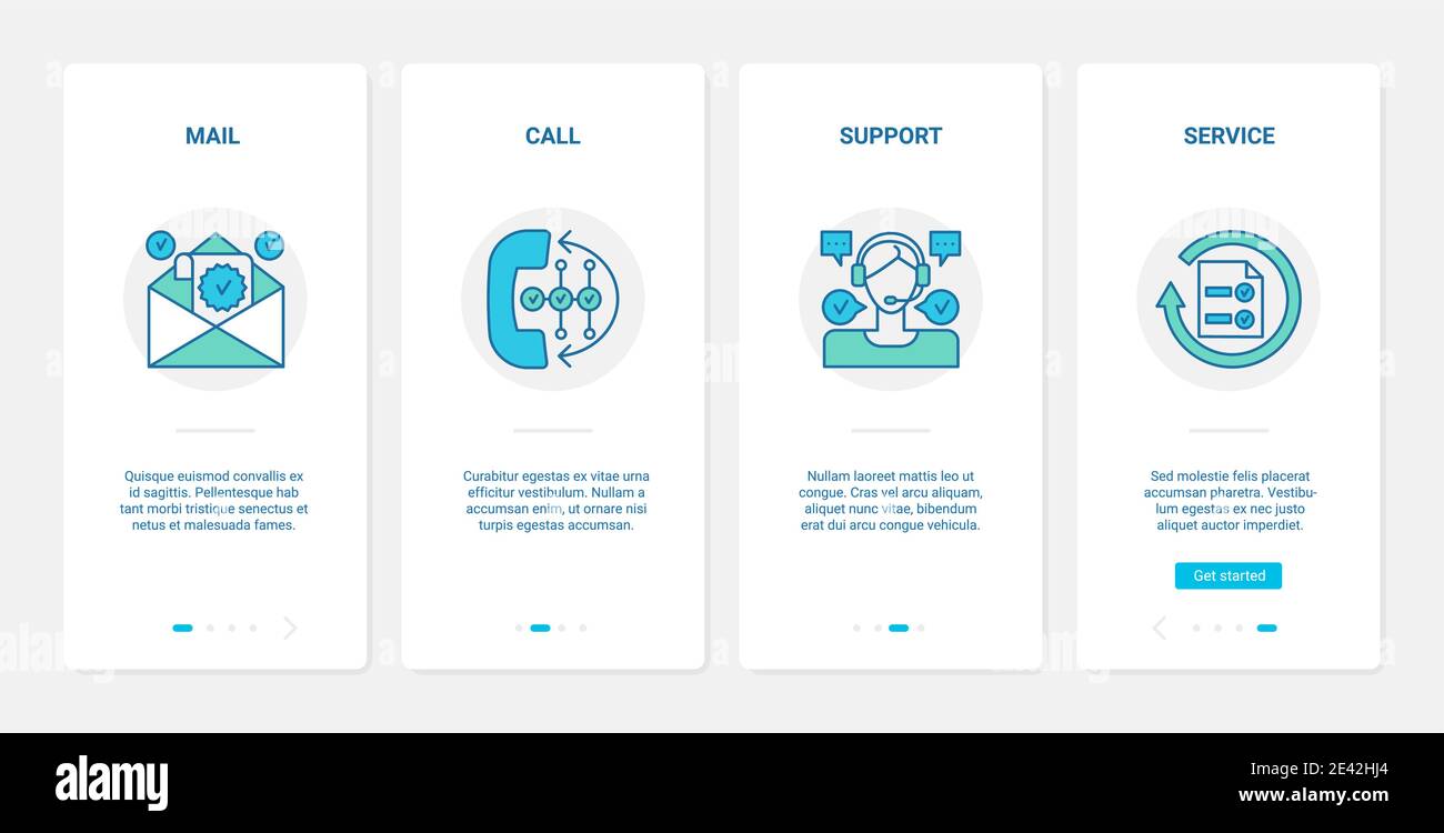 Illustrazione vettoriale del concetto di servizio di assistenza clienti. UX, UI onboarding mobile app page set con operatore di linea call center con cuffie, hotline di consegna per telefono, simboli di posta Illustrazione Vettoriale