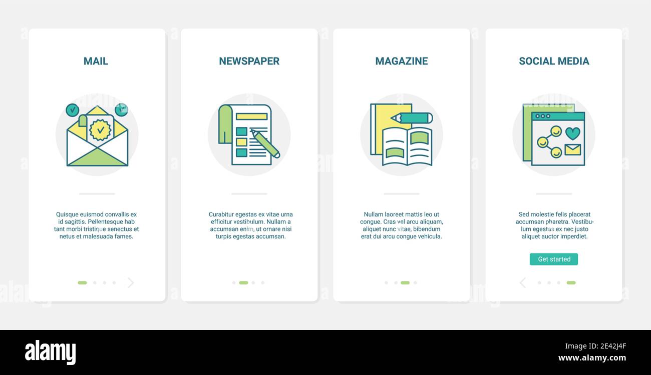 Pubblicità sui social media, illustrazione vettoriale della campagna promozionale. UX, UI onboarding mobile app page set con lettere e-mail promo riga, giornale, giornale promozione notizie rivista simboli astratti Illustrazione Vettoriale