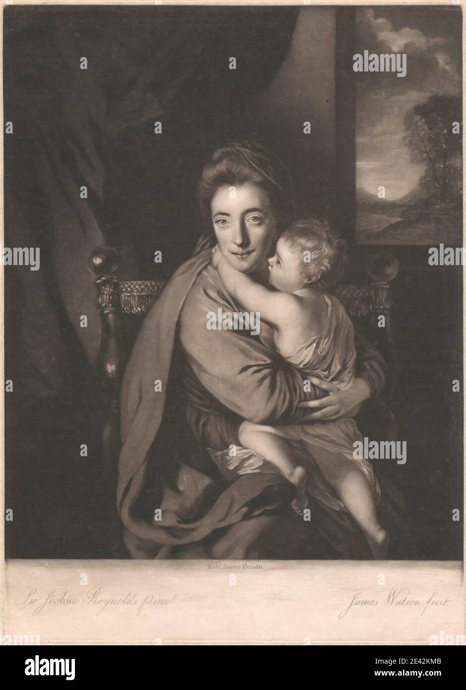 Stampa realizzata da James Watson, 1740â–1790, British, Lady Caroline Scarsdale e suo Figlio l'on. John Curzon, senza nome. Mezzotint (primo stato) su carta moderatamente spessa, moderatamente testurizzata, crema, carta posata. Foto Stock