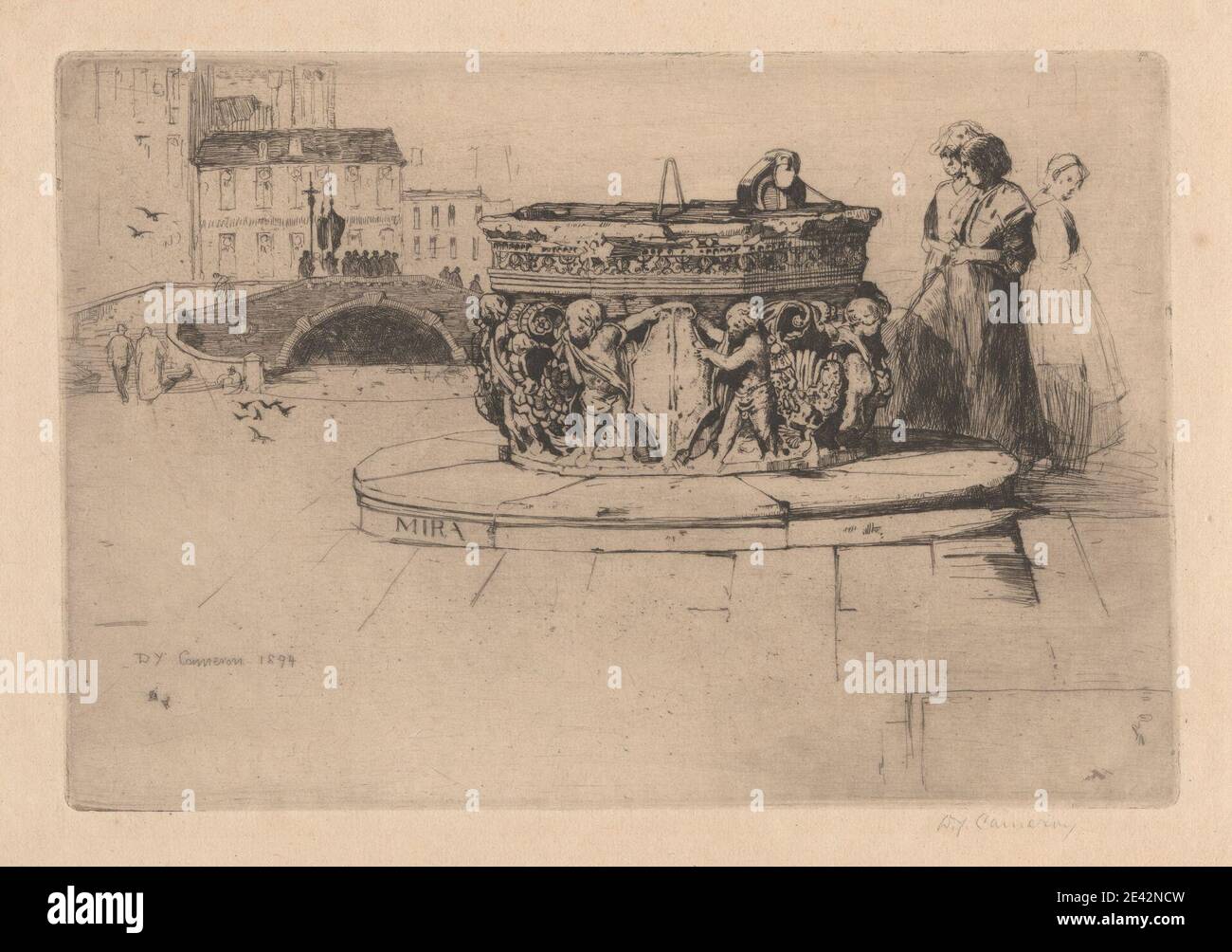 Sir David Young Cameron, 1865â–1945, British, A Venetian Fountain [North Italian Set: No. 7], 1894. Acquaforte. Soggetto architettonico , uccelli , ponte (opera costruita) , edifici , canale , cherubini , cisterne, deposito d'acqua , costume , crocifisso , bandiere , uomo , piazza , processione , rilievo , personale , scale , pozzi , finestre , donne. Europa , Italia , Mira , Veneto , Venezia Foto Stock