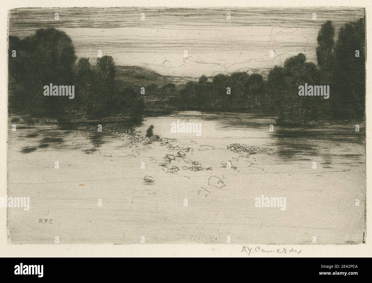 Sir David Young Cameron, 1865â–1945, British, Evening on the Garry, 1906. Acquaforte e drypoint. Paesaggio , fiume , alberi. Garry , Scozia Foto Stock