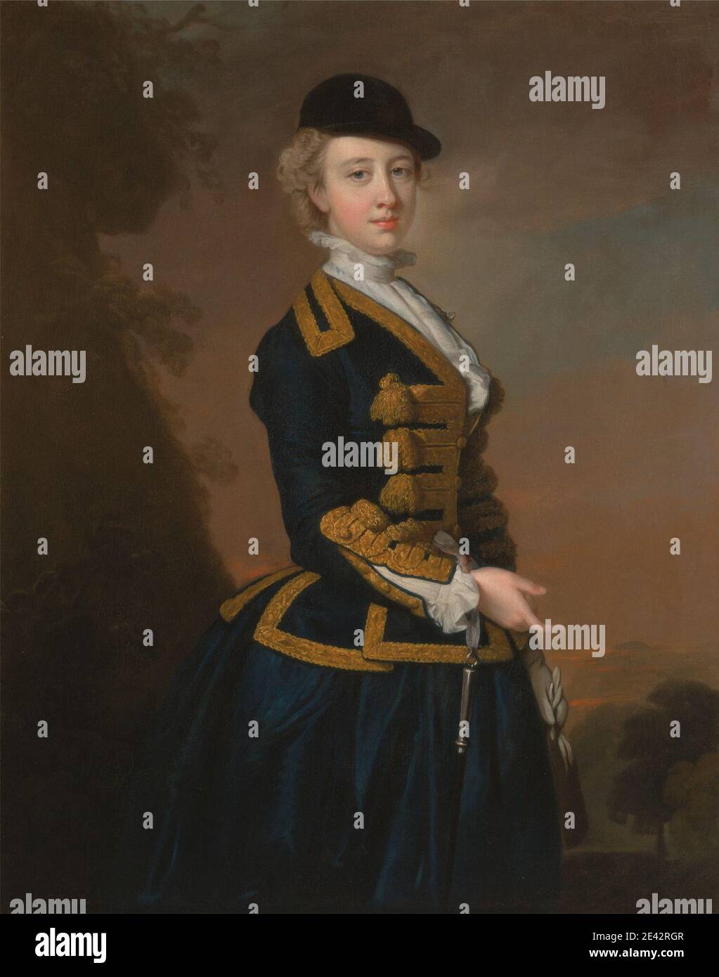 Thomas Hudson, 1701â–1779, British, Ritratto di una giovane donna della famiglia Fortesque di Devon, ca. 1745. Olio su tela. Blu , costume , femmina , cappello , ritratto , giallo. Devon , Inghilterra , Europa , Regno Unito Foto Stock