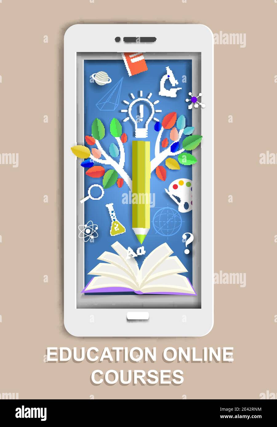 Smartphone con taglio di carta, libro aperto, albero della conoscenza, simboli della scienza e della scuola, illustrazione vettoriale. Formazione online. Illustrazione Vettoriale