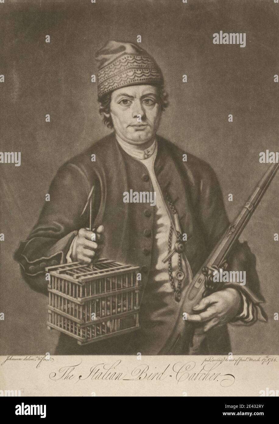 Stampa di Johnson, Active 1766, The Italian Bird Catcher, 1766. Mezzotinta su carta wove beige media, moderatamente testurizzata. Foto Stock Stampa di Johnson, Active 1766, The Italian Bird Catcher, 1766. Mezzotinta su carta wove beige media, moderatamente testurizzata. Foto Stock