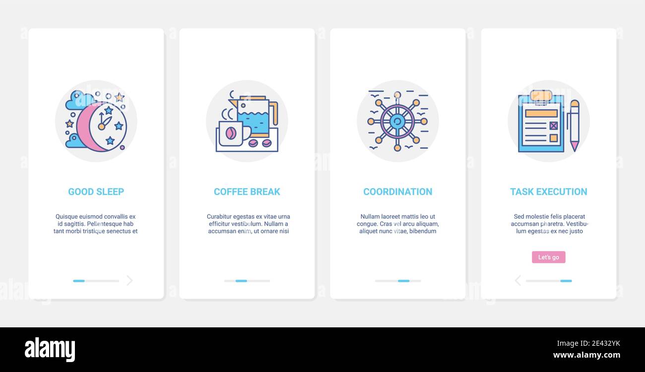 Gestione aziendale, illustrazione vettoriale del concetto di esecuzione del coordinamento temporale. UX, UI onboarding mobile app page set con attività di coordinamento della linea, buon sonno pausa caffè simboli astratti Illustrazione Vettoriale