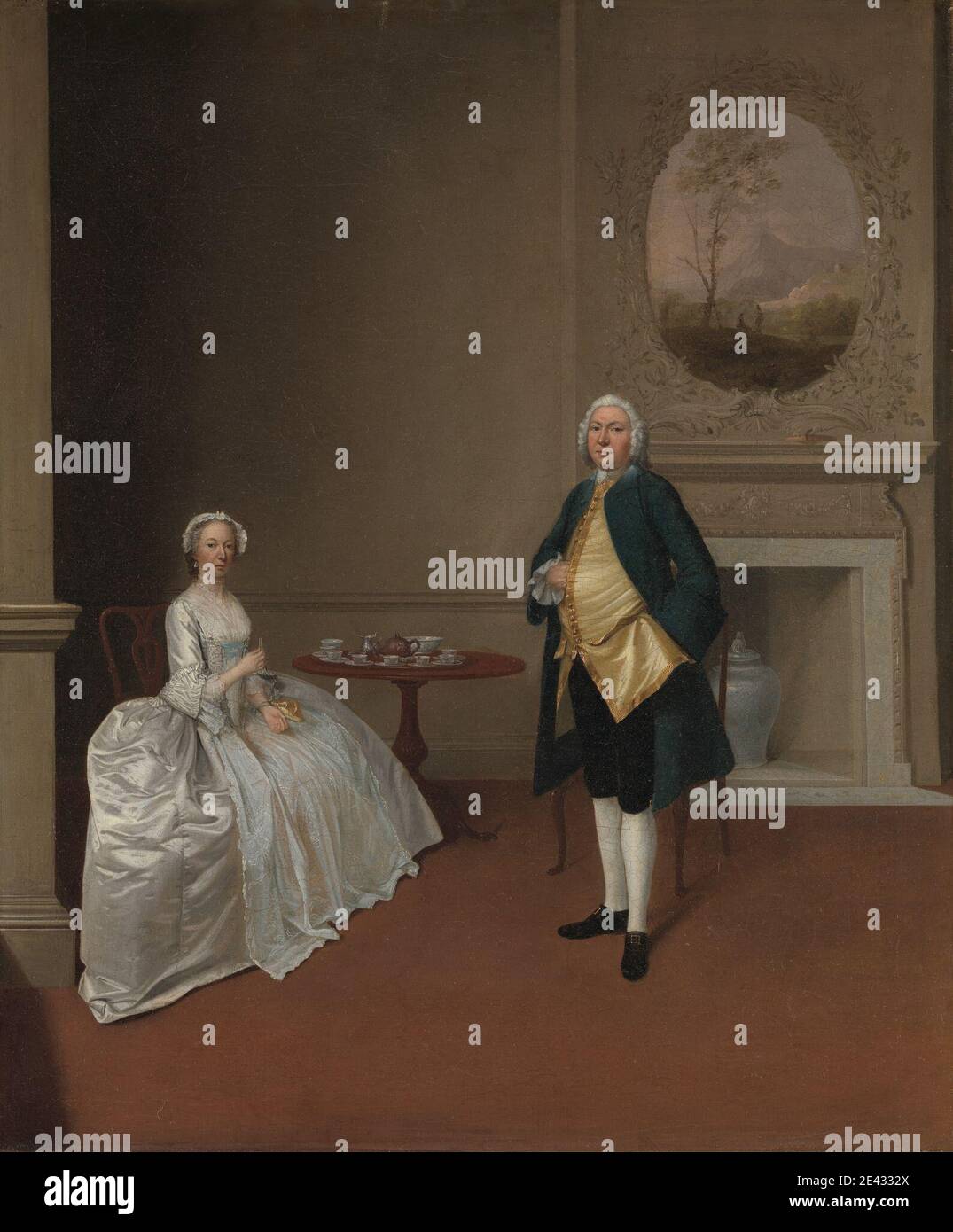 Arthur Devis, 1712â–1787, British, MR. E Mrs Hill, tra il 1750 e il 1751. Olio su tela. Libro , cinese , vaso cinese , vaso cinese , conversazione pezzo , coppia , tazze , etiquette , camino , cibo , casa , interno , italiano (romanico) , uomo , octavo , ovale , pittura (lavoro visivo) , ritratto , camera , seduto , in piedi , estate , tavolo , tè , tè bollitore , set da tè , vaso , bianco (colore) , donna , giallo. Hill, George (c.1716â–1808), avvocato e Ecentric Hill, Anna Barbara Foto Stock