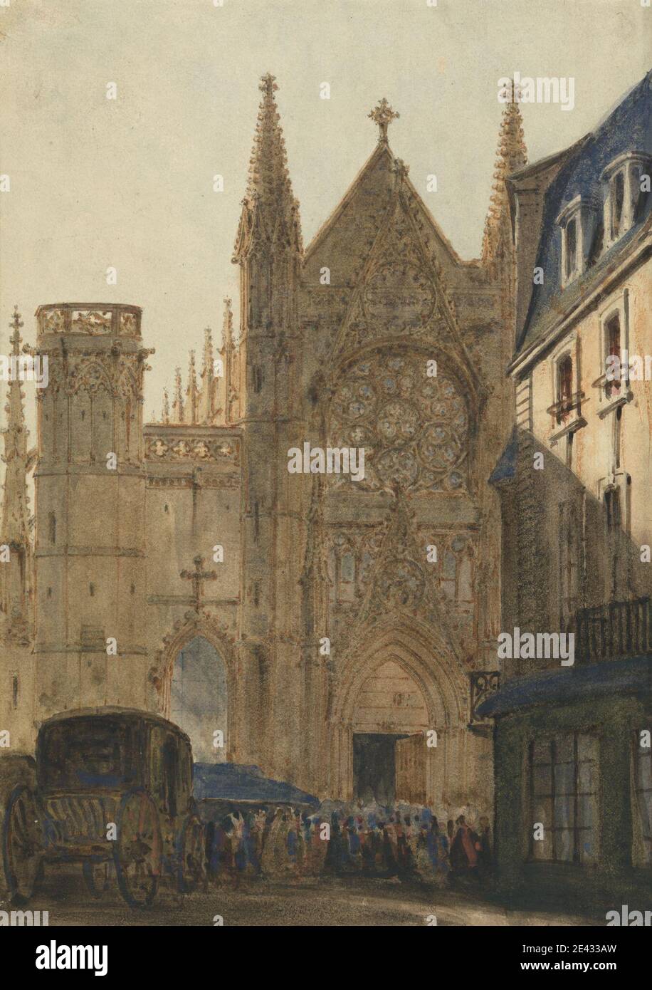 Ambrose Poynter, 1796â–1886, British, la Cattedrale di San Pietro, Caen, senza. Acquerello e grafite su carta di wove crema di spessore moderato, leggermente testurizzata. Soggetto architettonico , carrozza , cattedrale , paesaggio urbano , croci , facciata , persone , pinnacoli , portale , guglie , vetrate , finestre , finestre, rosa. Basse-Normandie , Caen , Europa , Francia , Normandia Foto Stock