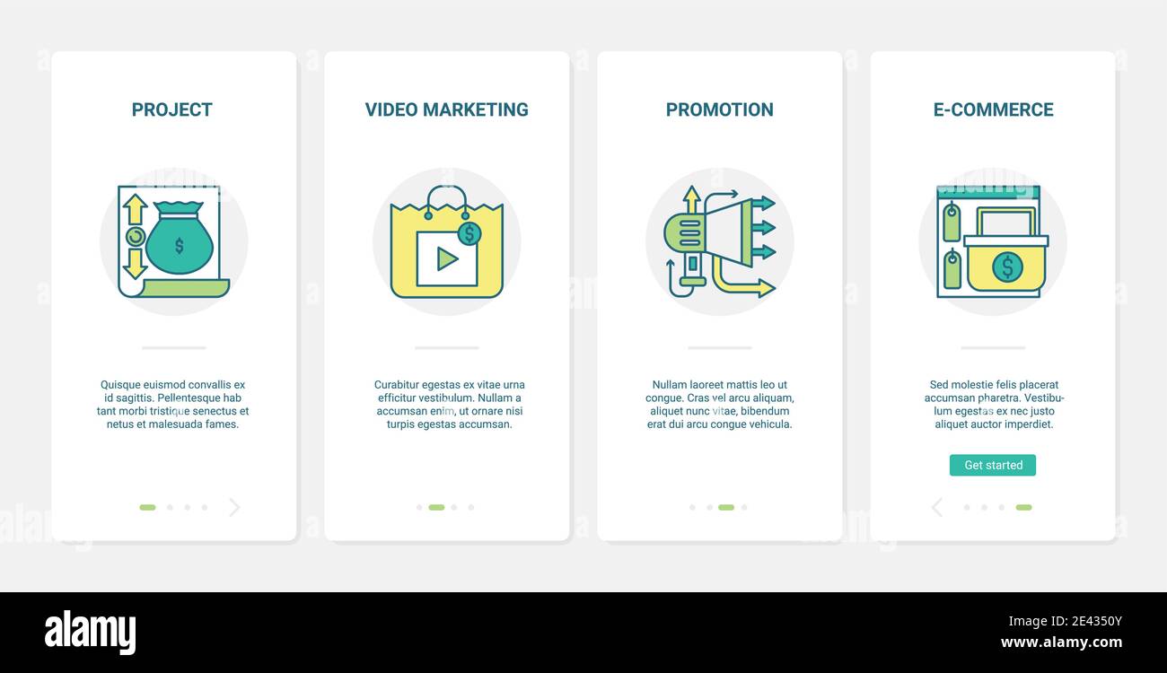Video marketing promozione digitale servizio illustrazione vettoriale. UX, UI onboarding mobile app page set con line internet project advertising, online commerce strategia di successo simboli astratti Illustrazione Vettoriale