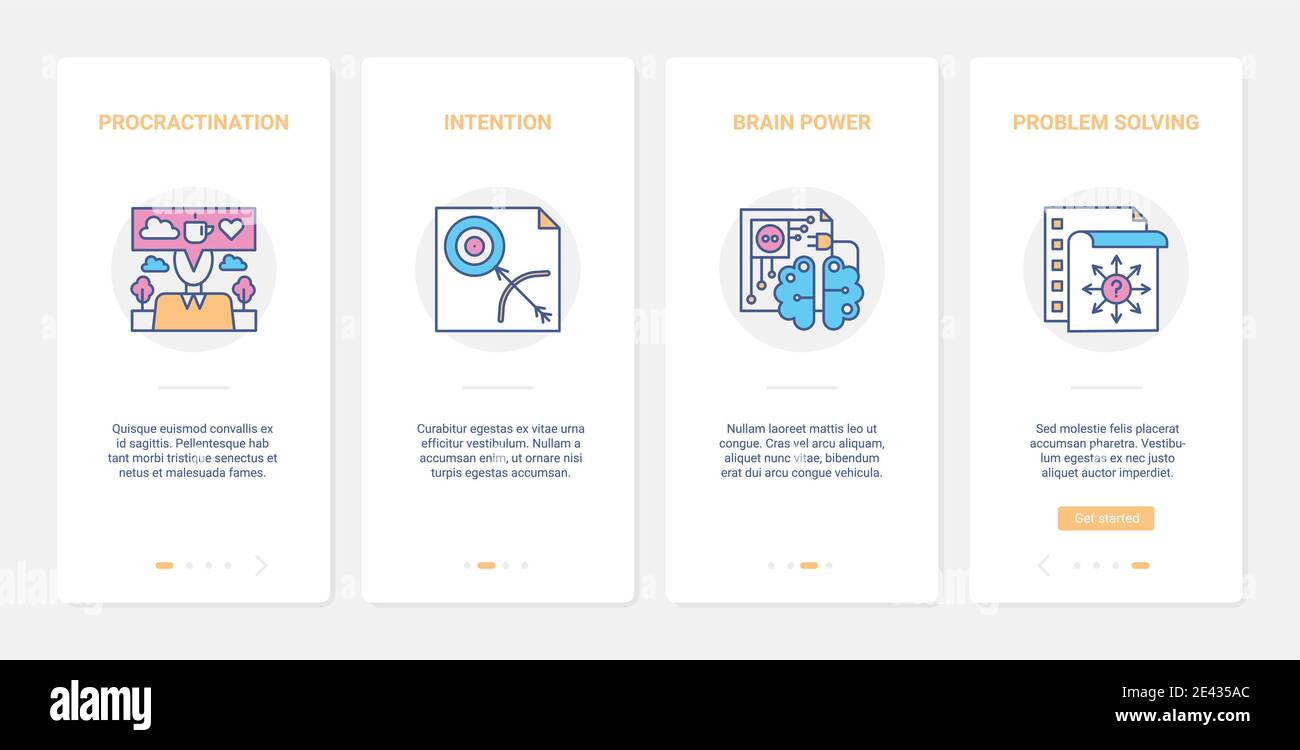 Risoluzione dei problemi aziendali illustrazione del vettore di concetto. UX, UI onboarding mobile app page set di schermo con intenzione di linea procrastination, umana potere cervello simboli astratti, obiettivo di business obiettivo Illustrazione Vettoriale
