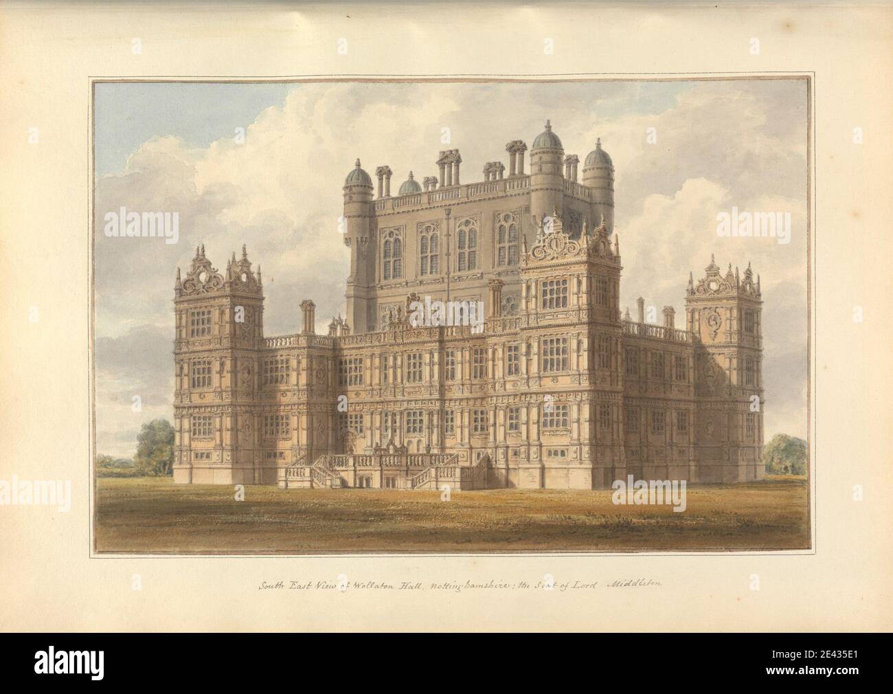 John Buckler FSA, 1770â–1851, inglese, vista sud-est di Wollaton Hall. Nottinghamshire; la sede di Lord Middleton, 1811. Acquerello e penna e inchiostro nero su carta di wove crema di spessore moderato. Soggetto architettonico , balaustre , casa di campagna , Elisabettano , giacobino , mulloni , pilasters , torrette , finestre. Inghilterra , Europa , Nottinghamshire , Regno Unito , Wollaton Foto Stock