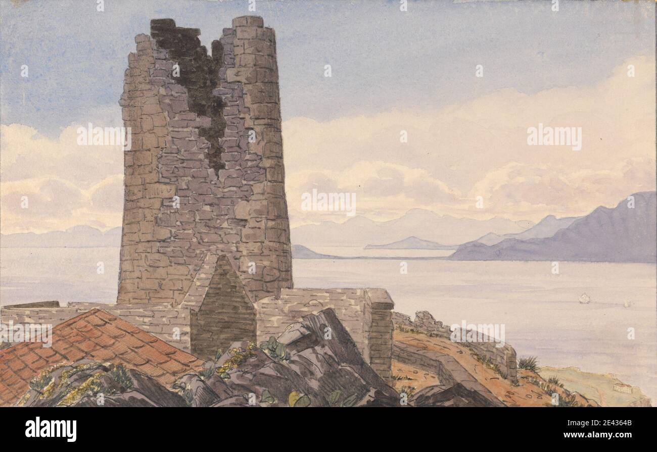George Lothian Hall, 1825â–1888, British, o'Hara's Tower, Gibilterra, 1843. Acquerello e grafite su carta spessa, moderatamente testurizzata, crema. Soggetto architettonico , oceano , rovine , torre (divisione dell'edificio). Europa , Gibilterra Foto Stock
