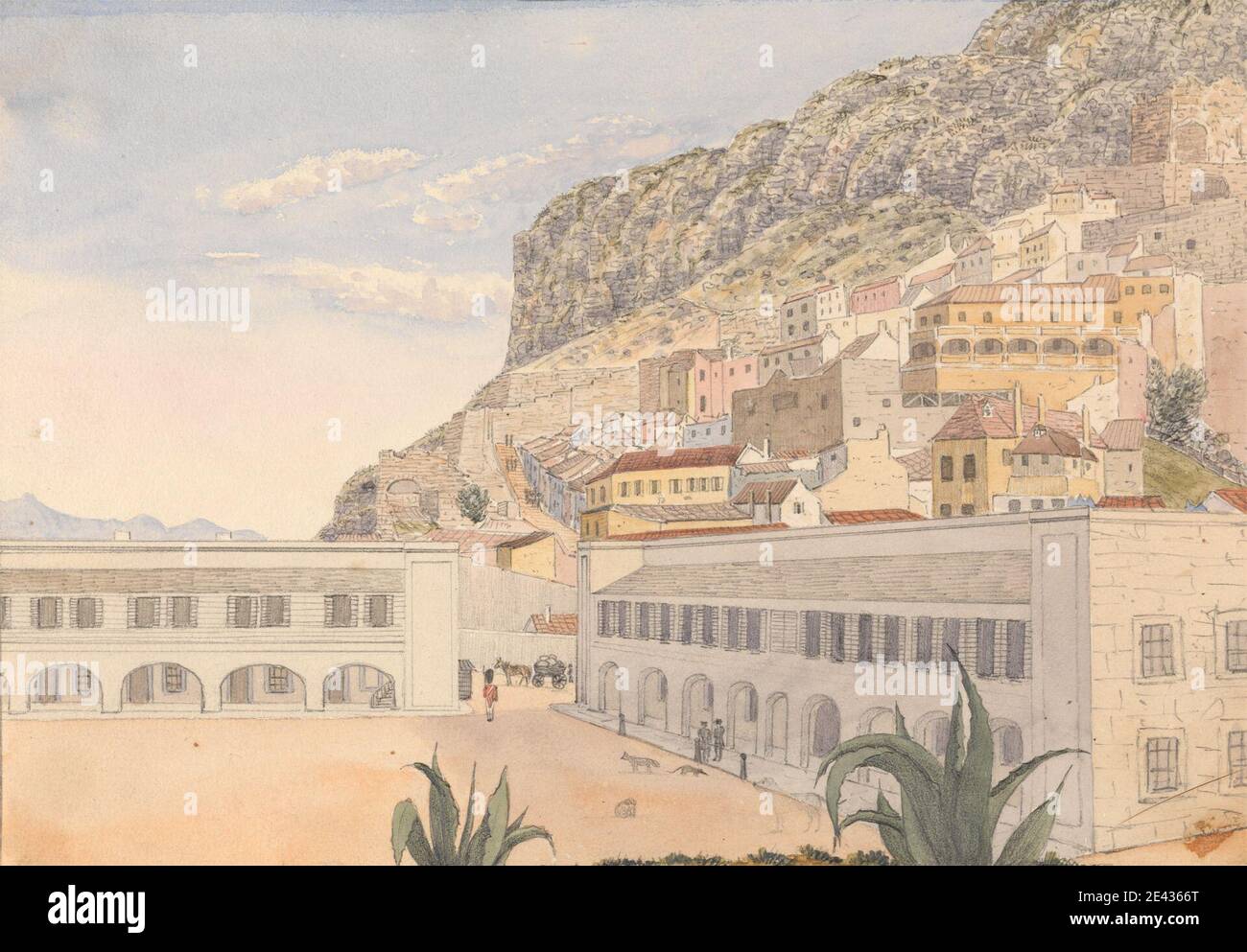 George Lothian Hall, 1825â–1888, British, Officer's Quarters e Casemate Barracks, Gibilterra, 1843. Acquerello e grafite su carta spessa, moderatamente testurizzata, crema di wove. Animali , soggetto architettonico , caserma , scogliere , figure , case , quarti , soldato , gradini. Europa , Gibilterra Foto Stock