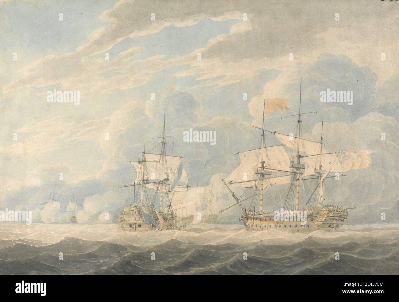 Robert Cleveley, 1747â–1809, britannico, il vice ammiraglio olandese sotto l'ammiraglio De Winter che colpisce la sua bandiera al vice ammiraglio inglese Onslow sotto l'ammiraglio Duncan nella battaglia di Camperdown, 11 ottobre 1797, 1799. Grafite, acquerello, penna e inchiostro nero su carta leggermente testurizzata, media, crema. Foto Stock