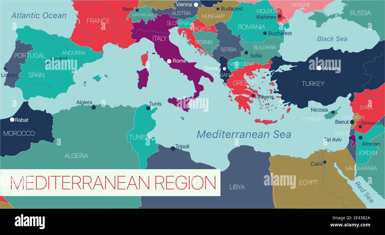 Regione mediterranea del mare Mappa dettagliata modificabile con le capitali dei paesi. File vettoriale EPS-10 Illustrazione Vettoriale