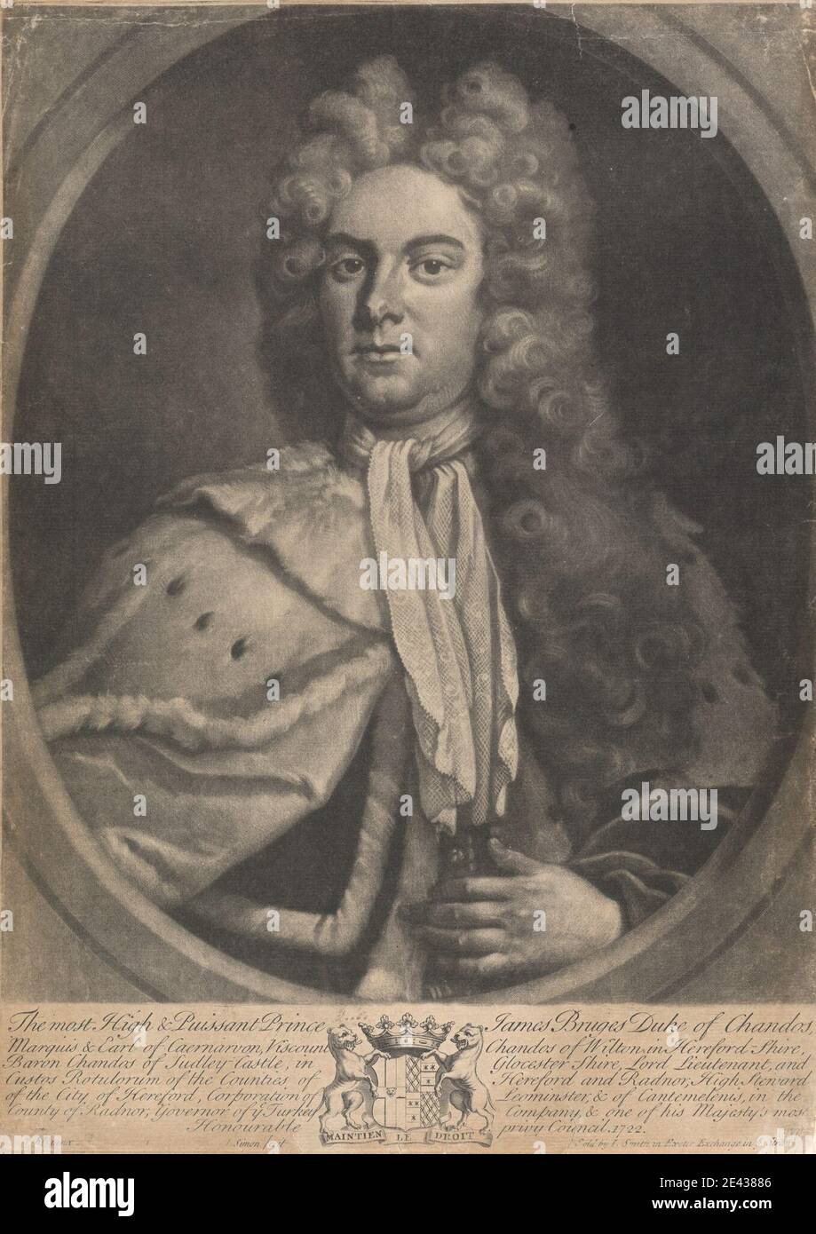 John Simon, 1675â–1755, francese, James Bruges, Duca di Chandos, 1722. Mezzotinta su carta posata. Foto Stock
