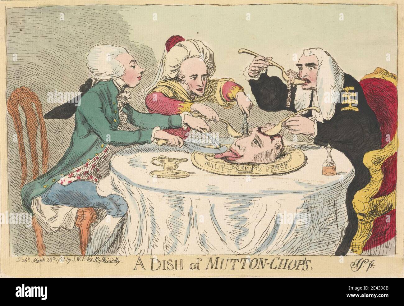 James Sayer, 1748â–1823, British, A Dish of Mutton-Chop's, 1788. Acquaforte, colorata a mano. Foto Stock