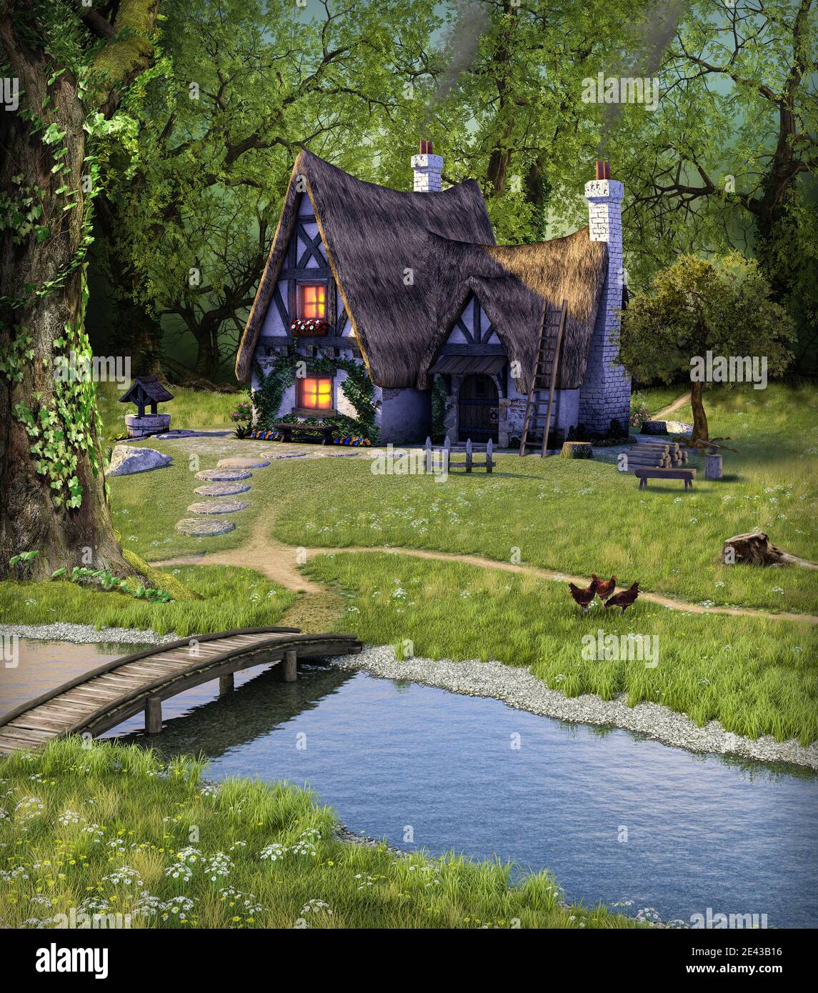 Idilliaco cottage fantasy fiabesco nascosto in una foresta profonda, rendering 3d. Foto Stock