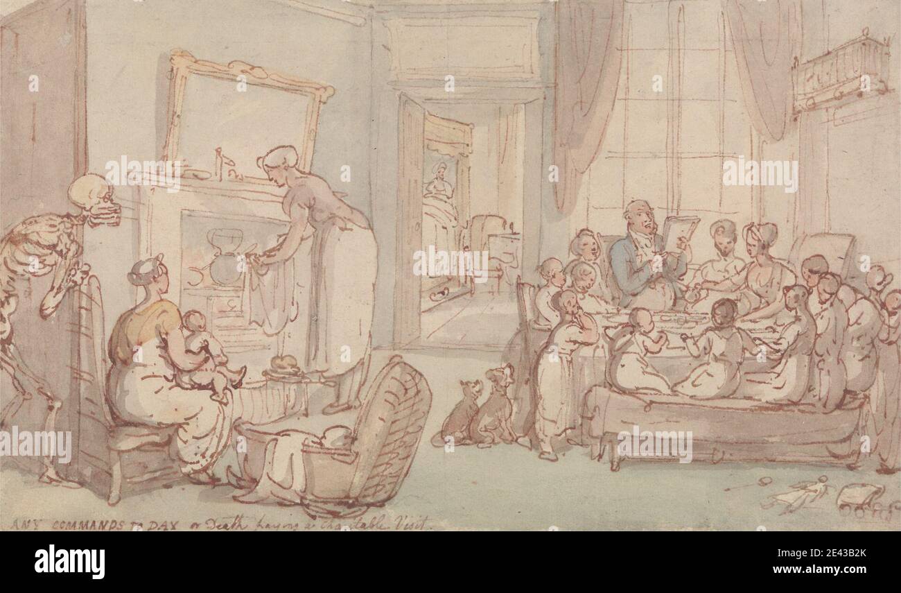 Thomas Rowlandson, 1756â–1827, British, The Family of Children, Undated. Acquerello con penna e inchiostro rosso-marrone su grafite su media, leggermente testurizzato, bianco bluto, carta wove. Allegoria , sedie , bambini , presepe , tende , cani (animali) , porta , famiglia , camera familiare , camino , genere oggetto , bollitore , uomo , specchio , lettura , scheletro, tavolo (mobili di sostegno), giocattoli (manufatti ricreativi), donne Foto Stock