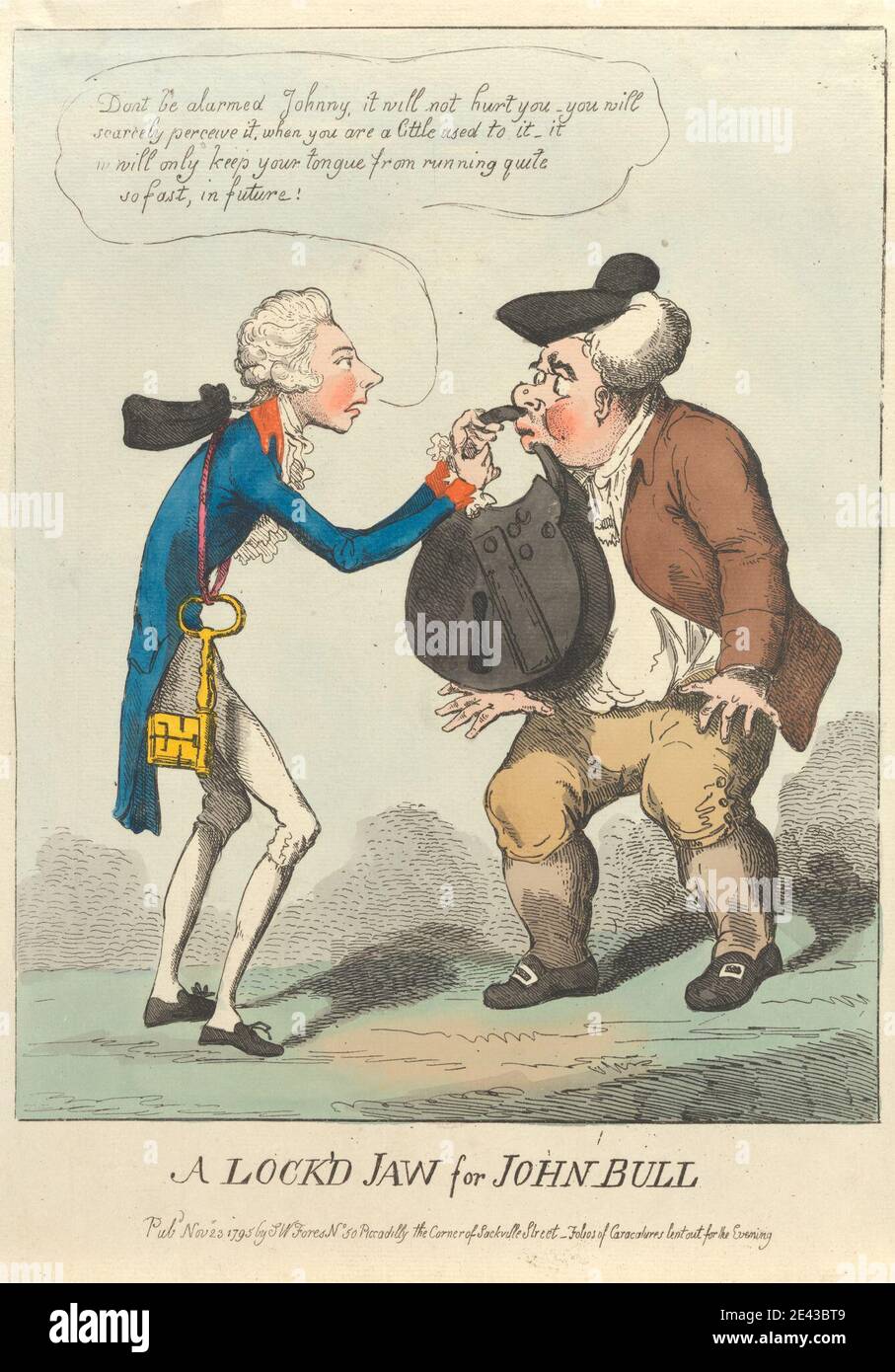 artista sconosciuto, ( ? West ), UNA ganascia Lock'd per John Bull, 1795. Acquaforte, colorata a mano. Foto Stock
