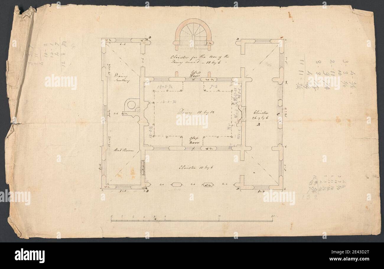 James Wyatt, 1746â–1813, British, Cobham Hall, Kent: Plan of Dairy, 1795. Grafite, penna e inchiostro nero e acquerello su carta leggermente spessa, moderatamente testurizzata, beige soggetto architettonico , camere da letto , chiostro , caseifici (non meccanizzati) , cameriere , piani (disegni) , sculleries. Cobham , Cobham Hall , Inghilterra , Kent , Regno Unito Foto Stock