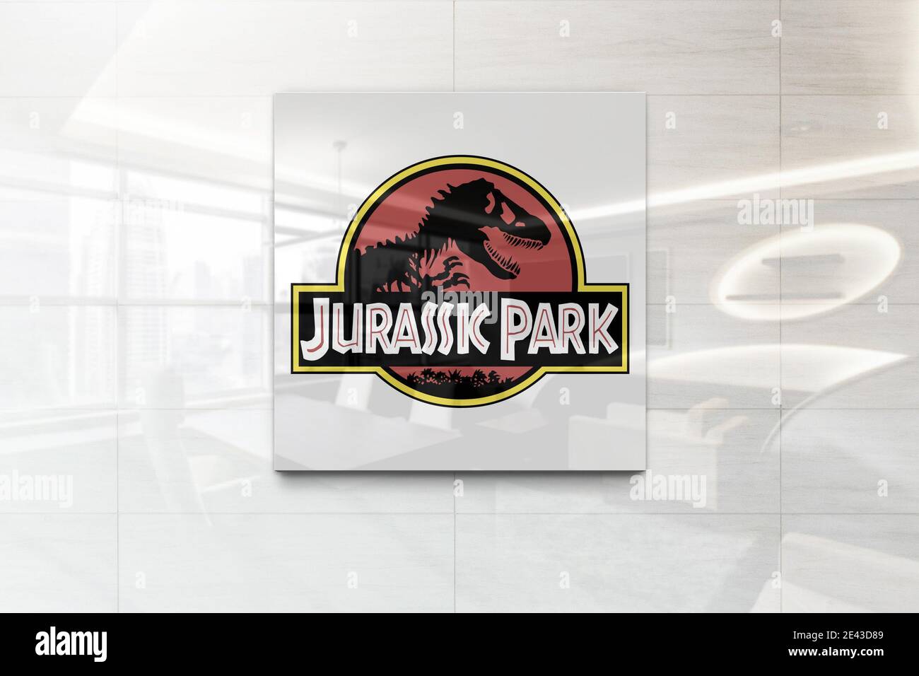 illustrazione a parete con logo jurassic park Foto Stock