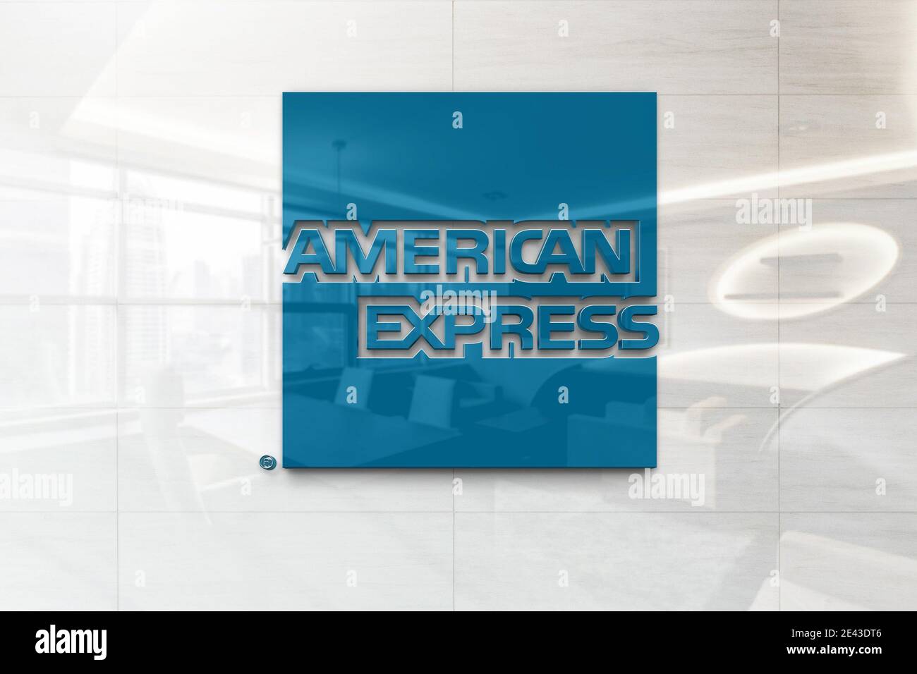 logo american express sulla placca da parete riflettiva Foto Stock