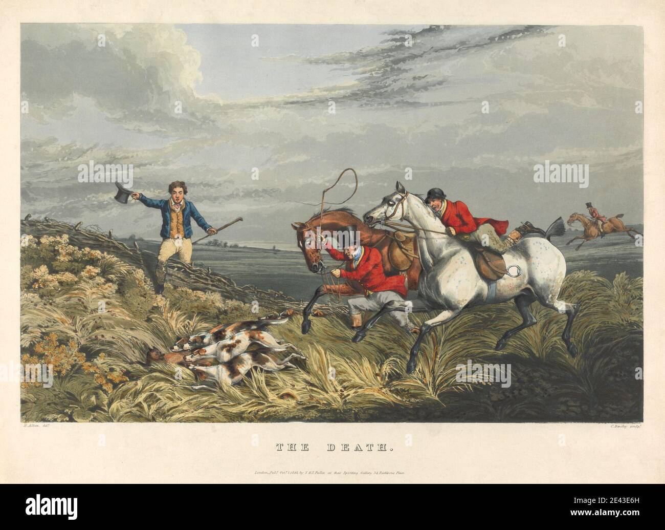 Charles Bentley, 1806â–1854, British, Fox Hunting: The Death, 1828. Acquatinto, colorato a mano. Foto Stock