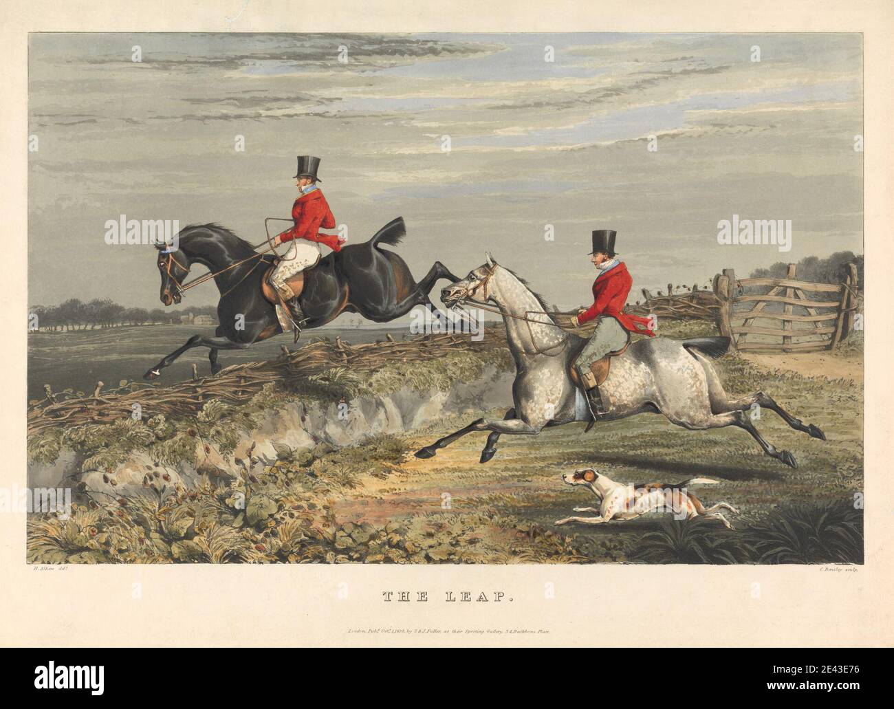 Charles Bentley, 1806â–1854, British, Fox Hunting: The Leap, 1828. Acquatinto, colorato a mano. Foto Stock