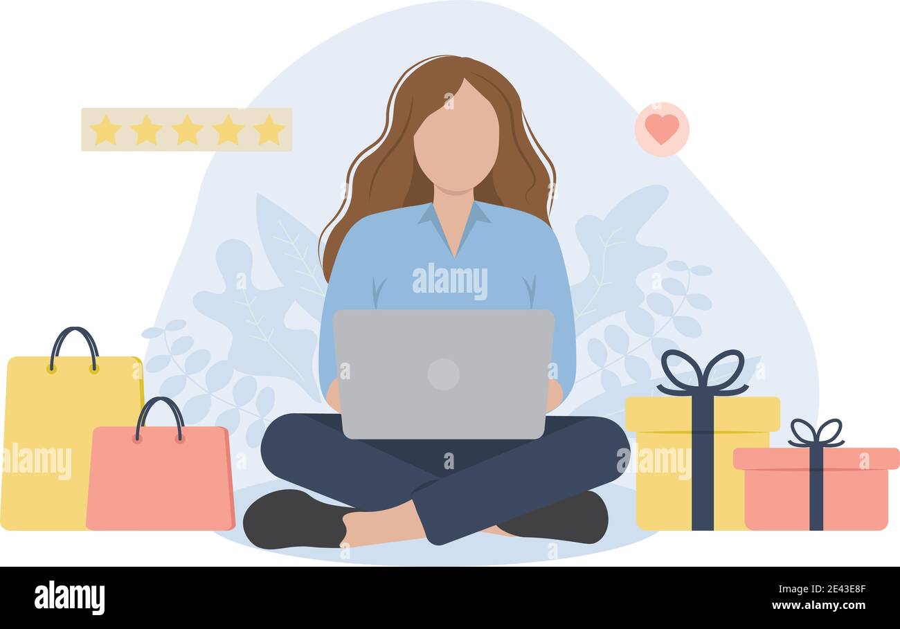Donna seduta con computer portatile, regali e borse per la spesa. Concetto per lo shopping online. Illustrazione Vettoriale