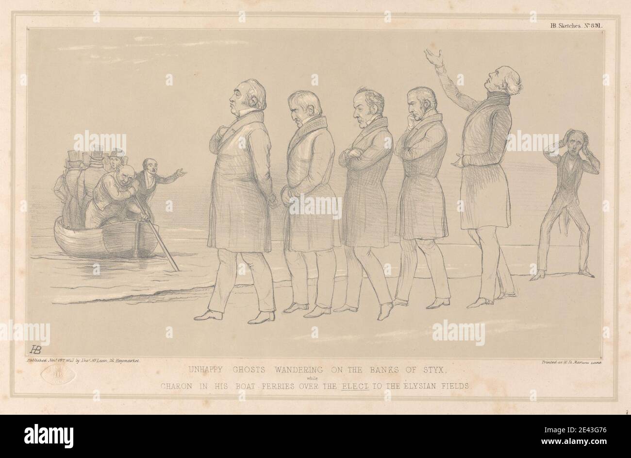 Stampa fatta da John Doyle ('H.B.'), 1797–1868, irlandese, infelice Ghosts vagando sulle rive della Styx, mentre Charon nei suoi traghetti sopra gli eletti ai campi Elisi, 1847. Litografia su carta wove beige moderatamente spessa, liscia. Imbarcazione , cappotti , cravats , Elysium, campo Elysian; Isole del Beato , gesturing , uomini , mitologia , funzionari , parodia , politici , posa , soggetto religioso e mitologico , fiume , barca a remi , satira , schizzi , solenne , Styx , pensieroso , camminare. Macaulay, Thomas Babington, 1° barone Macaulay (1800 - 1859), accademico/intellettuale, autho Foto Stock