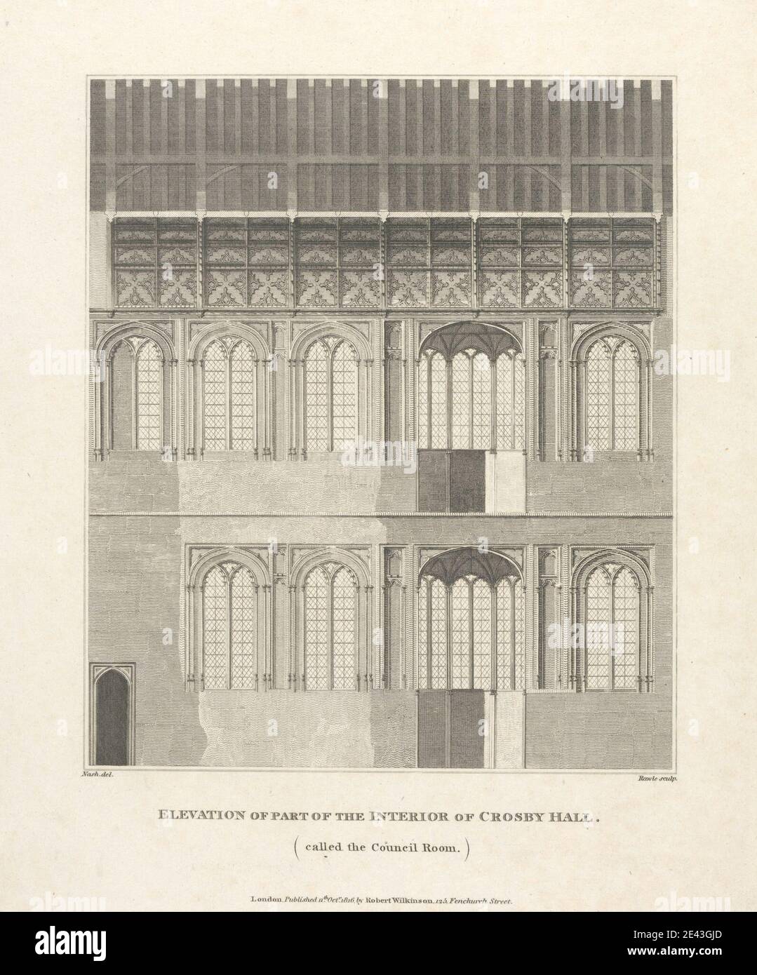 Samuel Rawle, 1771â–1860, British, elevazione di una parte dell'interno della sala Crosby (sala del Consiglio), 1816. Incisione. Foto Stock
