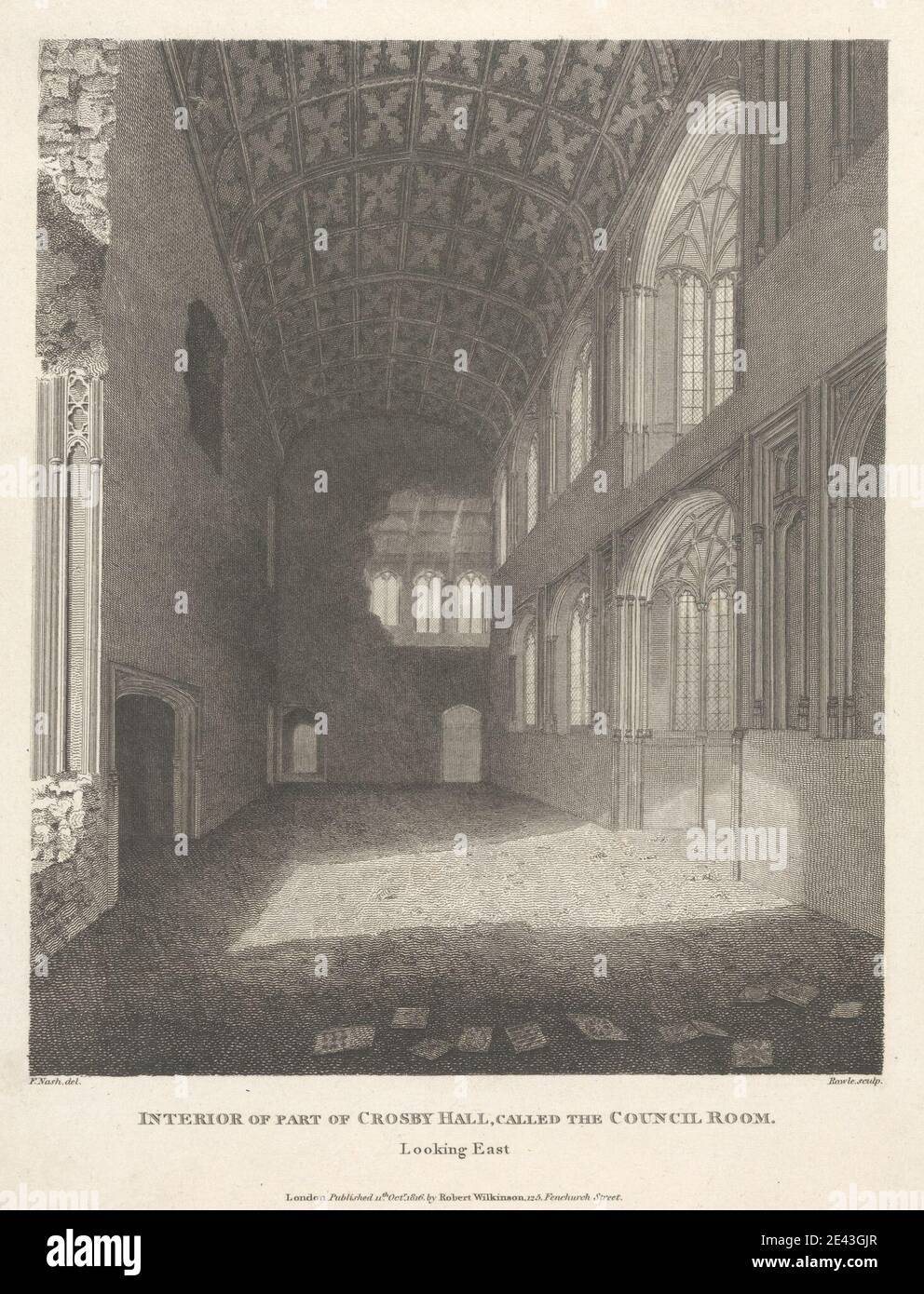 Samuel Rawle, 1771â–1860, British, interno di una parte di Crosby Hall, chiamata Sala del Consiglio, 1816. Incisione. Foto Stock