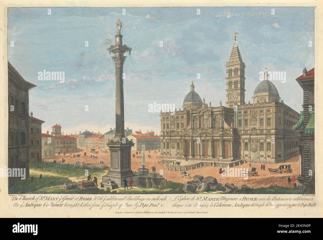 Carington Bowles, 1724â–1793, British, la Chiesa di Santa Maria e Grande a Roma. Con YE edifici aggiuntivi su ogni lato. Anche voi Collezione Antique portato da voi Tempio della Pace, da Papa Paolo V. incisione colorata a mano su carta d'epoca. Soggetto architettonico , edifici , chiesa , paesaggio urbano , fontana , colonne memoriali , piazze. Europa , Italia , Lazio , Basilica Papale di Santa Maria maggiore , Roma Foto Stock