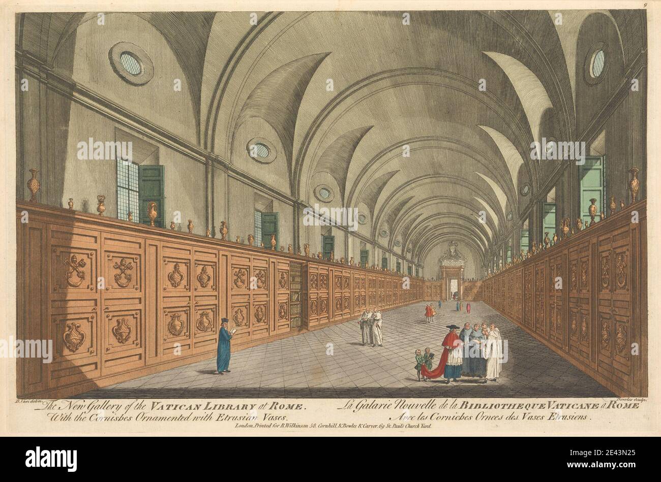 Carington Bowles, 1724â–1793, British, la Nuova Galleria della Biblioteca Vaticana a Roma. Con le Corniche ornate con vasi Etrusiani. Incisione colorata a mano. Soggetto architettonico , libri , biblioteca (sala) , studiosi , mensole , vasi , finestre. Europa , Italia , Roma Foto Stock