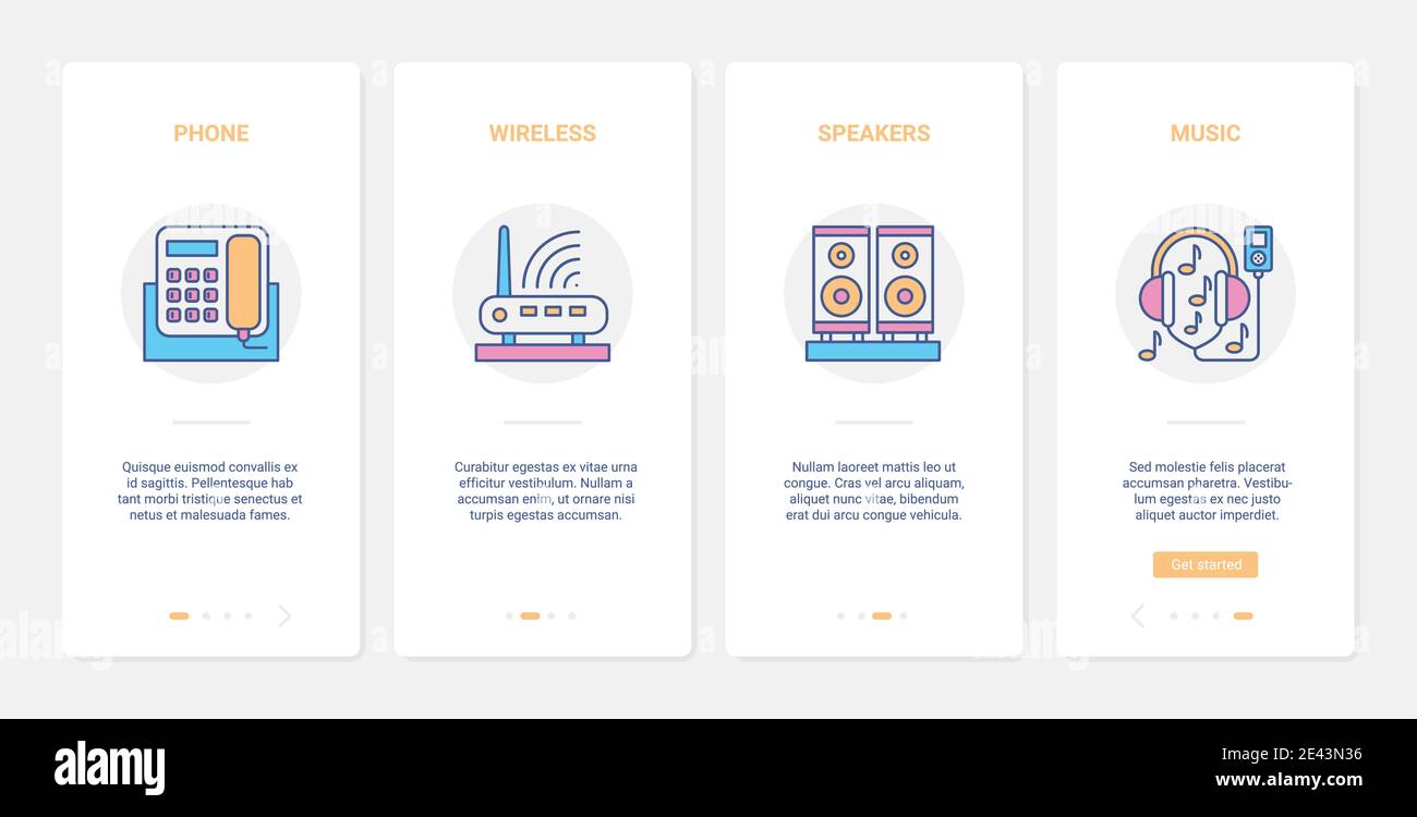 Elettrodomestici per l'illustrazione vettoriale delle comunicazioni e dell'intrattenimento. UX, UI onboarding mobile app page set di schermo con linea wireless internet simboli, telefono gadget, smart speaker per la riproduzione di musica Illustrazione Vettoriale