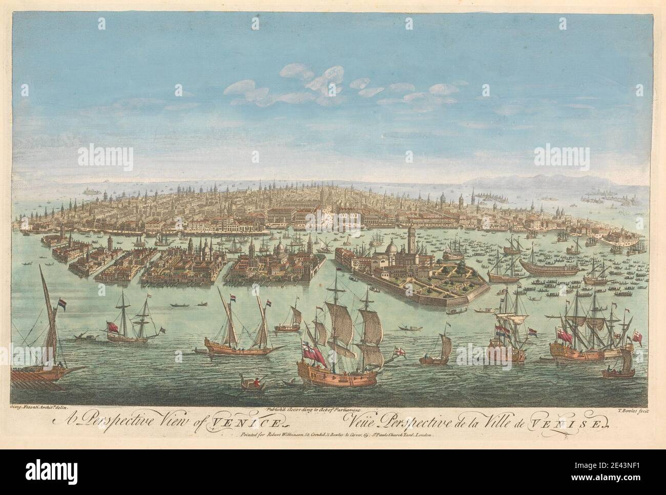 John Bowles, 1701â–1779, inglese, UNA vista prospettica di Venezia, non datata. Incisione colorata a mano su carta wove. Barche , paesaggio urbano , bandiere , isole , arte marina , barche a remi , navi. Europa , Italia , Venezia Foto Stock