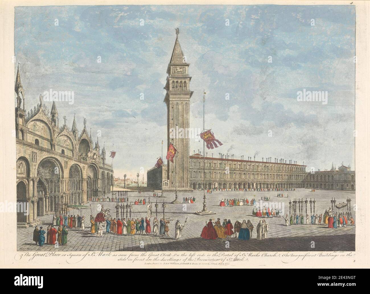 Nathaniel Parr, attivo 1742â–1751, britannico, il Grande luogo o Piazza di San Marco visto dal Grande Orologio. Sul lato sinistro si trova il portale della Chiesa di San Marco. Il magnifico edificio sul lato di fronte sono le abitazioni dei Procuratori di San Marco, non datate. Incisione colorata a mano su carta di wove: chiesa , paesaggio urbano , bandiere , uomini , palazzo , donne. Europa , Italia , Piazzetta di San Marco , Venezia Foto Stock