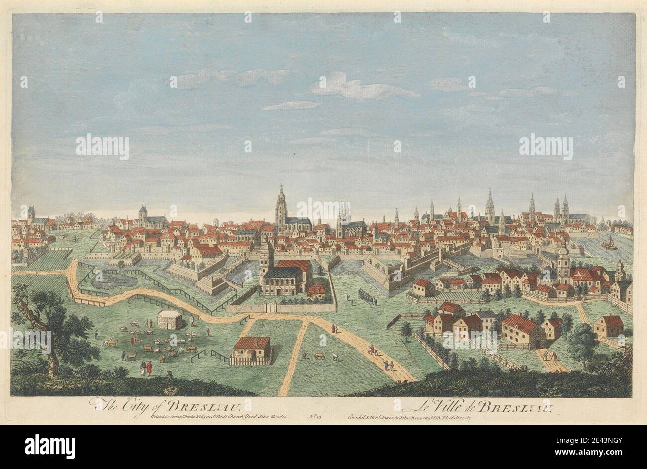 Artista sconosciuto, la città di Breslau. Incisione colorata a mano su carta posata. Bovini , paesaggio urbano , fattorie , paesaggio , fossato. Breslau , Europa , Polonia , Breslau Foto Stock
