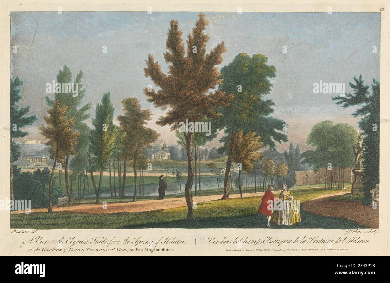 George Bickham, 1683/4â–1758, inglese, una vista nei campi Elisi, dalla sorgente di Helicon nei Giardini del Tempio di Earl a Stow, nel Buckinghamshire. Incisione colorata a mano su carta di wove. Bestiame , giardini , paesaggio , uomini , stagno , statua , donne. Buckinghamshire , Inghilterra , Stowe , Stowe House , Stowe Landscape Gardens , Regno Unito Foto Stock