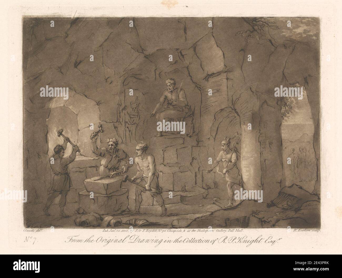Stampa realizzata da Richard Earlom, 1743–1822, British, Vulcan's Forge, 1802. Mezzotinta e incisione, stampato in inchiostro marrone su carta di wove crema moderatamente spessa, liscia. Incudine (strumento) , archi , fabbri , grotta , chitone , colonne (elementi architettonici) , ciclopi , forgia , forgiatura (formazione di metallo) , gesto , dei , martelli (strumenti) , casco , lavoro , uomini , Mitologia , tenaglie di pickup , pilastri , puntamento , soggetto religioso e mitologico , smiete , lancia , bastone (bastone da passeggio) , la fucinatura dei Ciclopi , trono , toga , strumenti , tunica , Vulcan nella sua smia , armi , ali , lavoratori , lavoro. Io Foto Stock