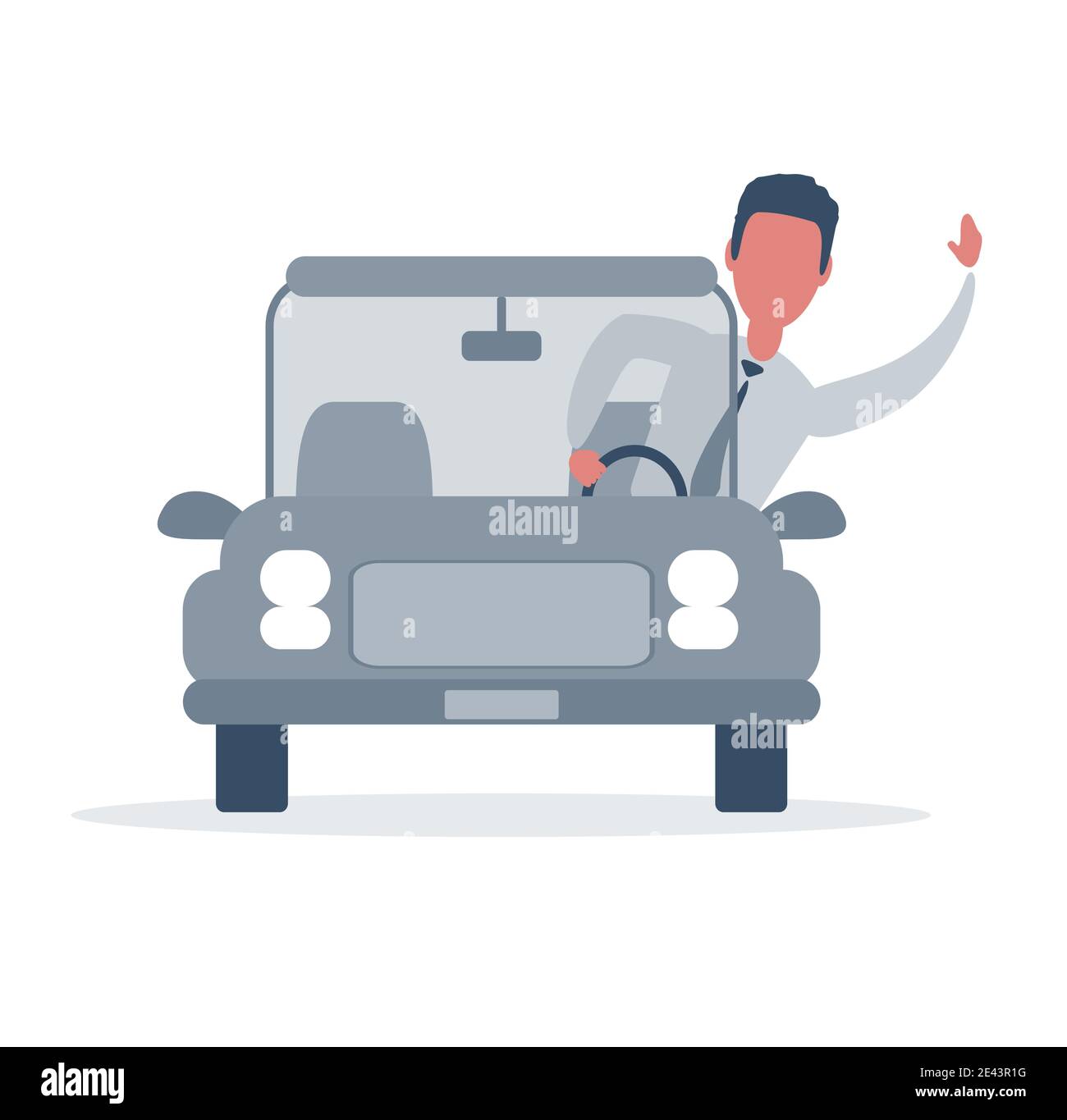 Uomo d'affari che guida la macchina e che agitava verso qualcuno. Dire Ciao. Illustrazione Vettoriale