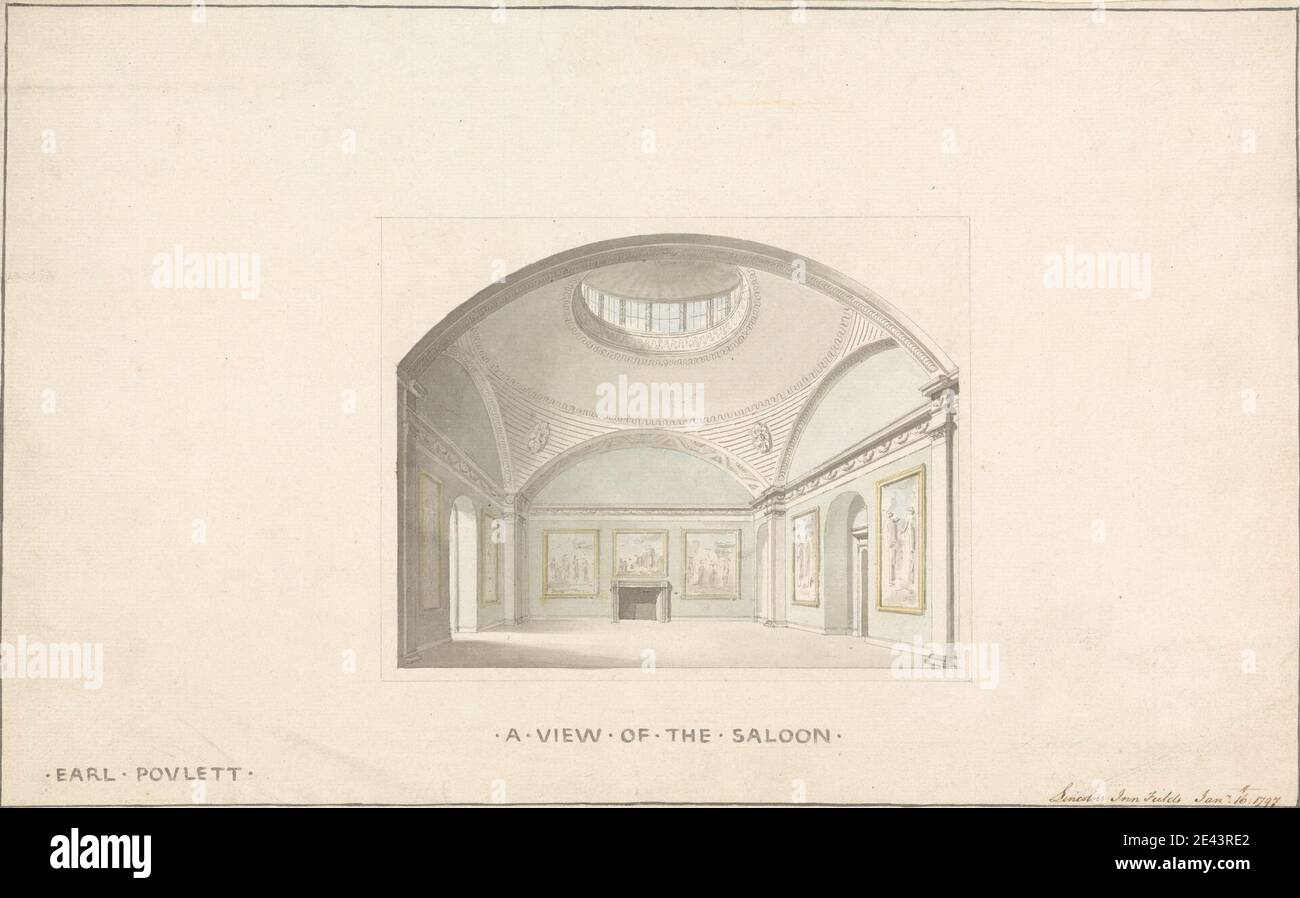 Sir John Soane, 1753â–1837, British, Hinton St. George, Somerset: View of the Saloon, 1797. Grafite, penna e inchiostro nero e marrone e acquerello su carta leggermente spessa, moderatamente testurizzata, panna. Soggetto architettonico , cupole , porte , festoni , caminetti , dipinti , finestre. Inghilterra , Grande Londra , Holborn , Londra , The Honourable Society of Lincoln's Inn , Regno Unito Foto Stock