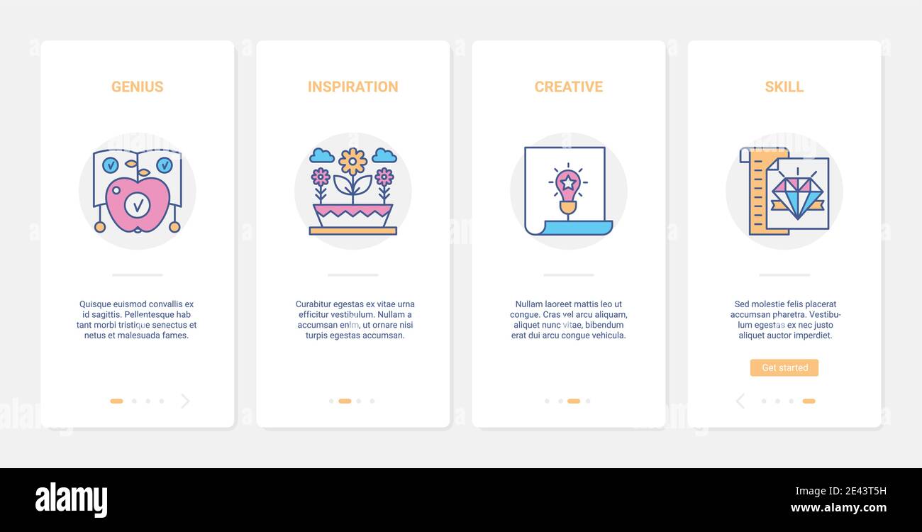Illustrazione vettoriale del concetto di creatività aziendale. UX, UI onboarding mobile app page set con ispirazione geniale di talenti di linea, crescita di competenze creative, simboli astratti di produttività umana Illustrazione Vettoriale