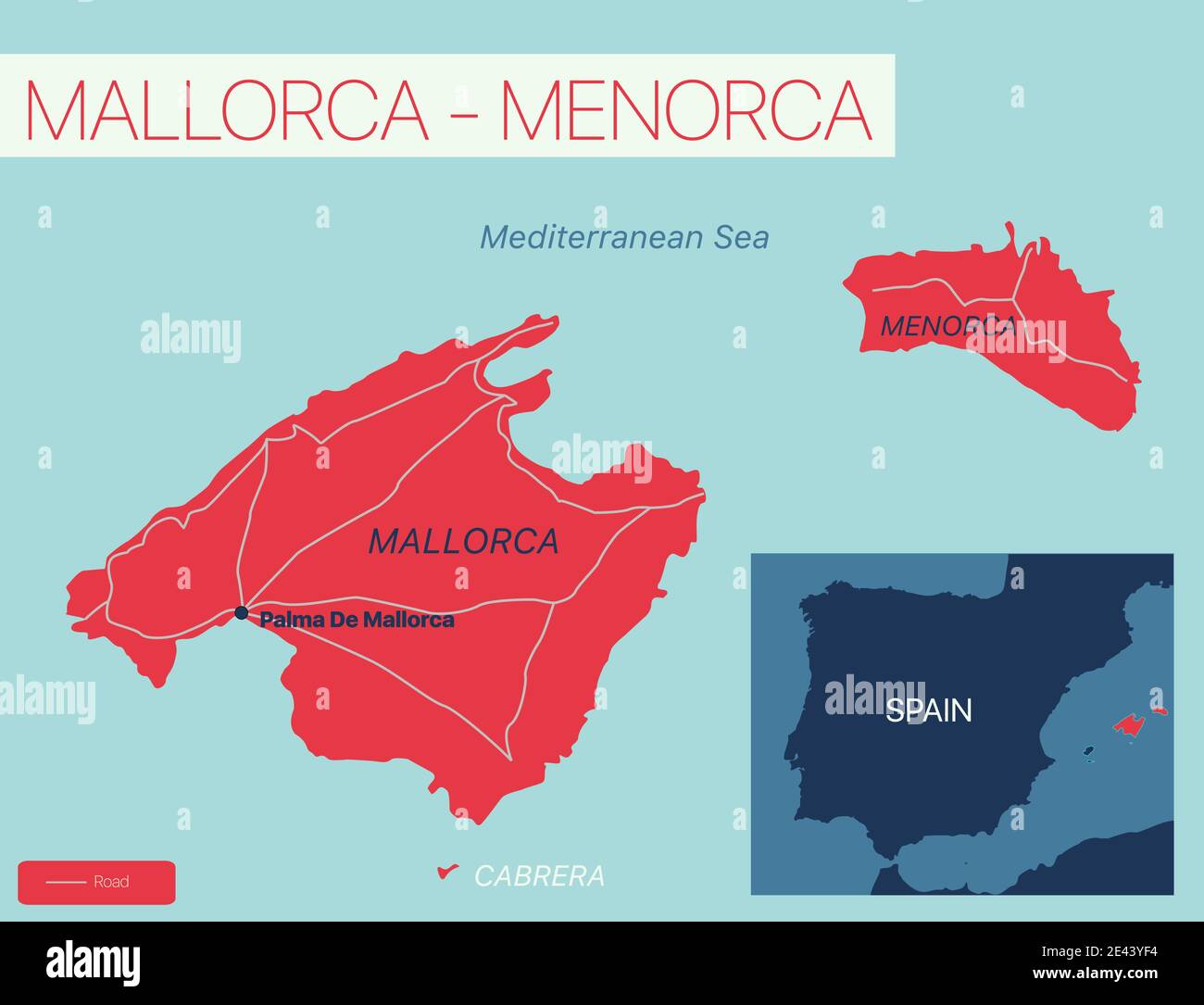 Isole di Maiorca-Menorca Mappa dettagliata modificabile con regioni città e città, strade e ferrovie, siti geografici. File vettoriale EPS-10 Illustrazione Vettoriale