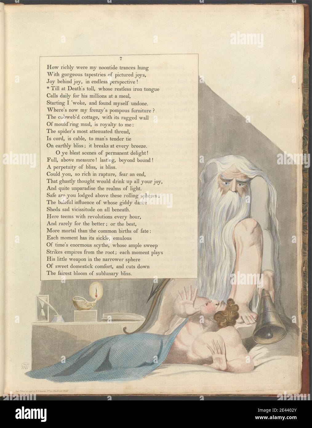 Stampa realizzata da William Blake, 1757â–1827, British, Young's Night Thoughts, pagina 7, fino a quando il pedaggio della morte, il cui irrequieto salotto di ferro, ca. 1797. Incisione e incisione a filo con acquerello su carta d'oro di spessore moderato, leggermente testurizzata, crema. Frecce , campane , libri , archi , corone , morti , morte , clessidra , lampade , tema letterario , uomini , penna di quillo , lance , sole , testo Foto Stock