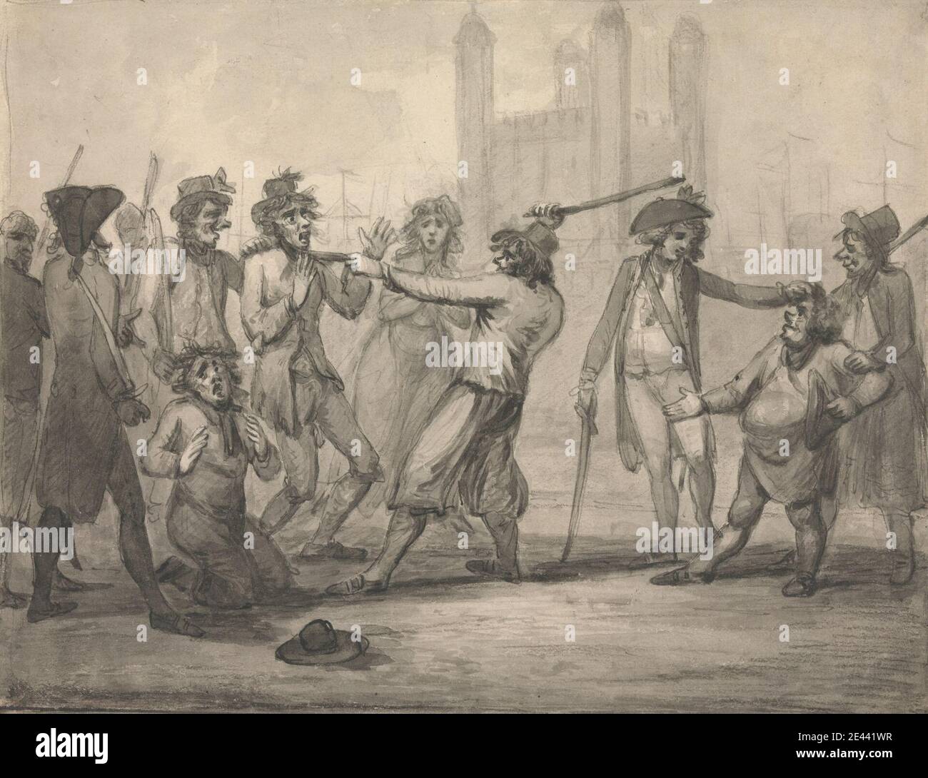 Samuel Collings, attivo 1784â–1795, britannico, Manning the Navy, non datato. Penna e inchiostro nero con lavaggio grigio e grafite su carta media, leggermente testurizzata, crema wove. studio di figura , cappello , uomini , soldati. Inghilterra , Europa , Londra , Torre di Londra Foto Stock